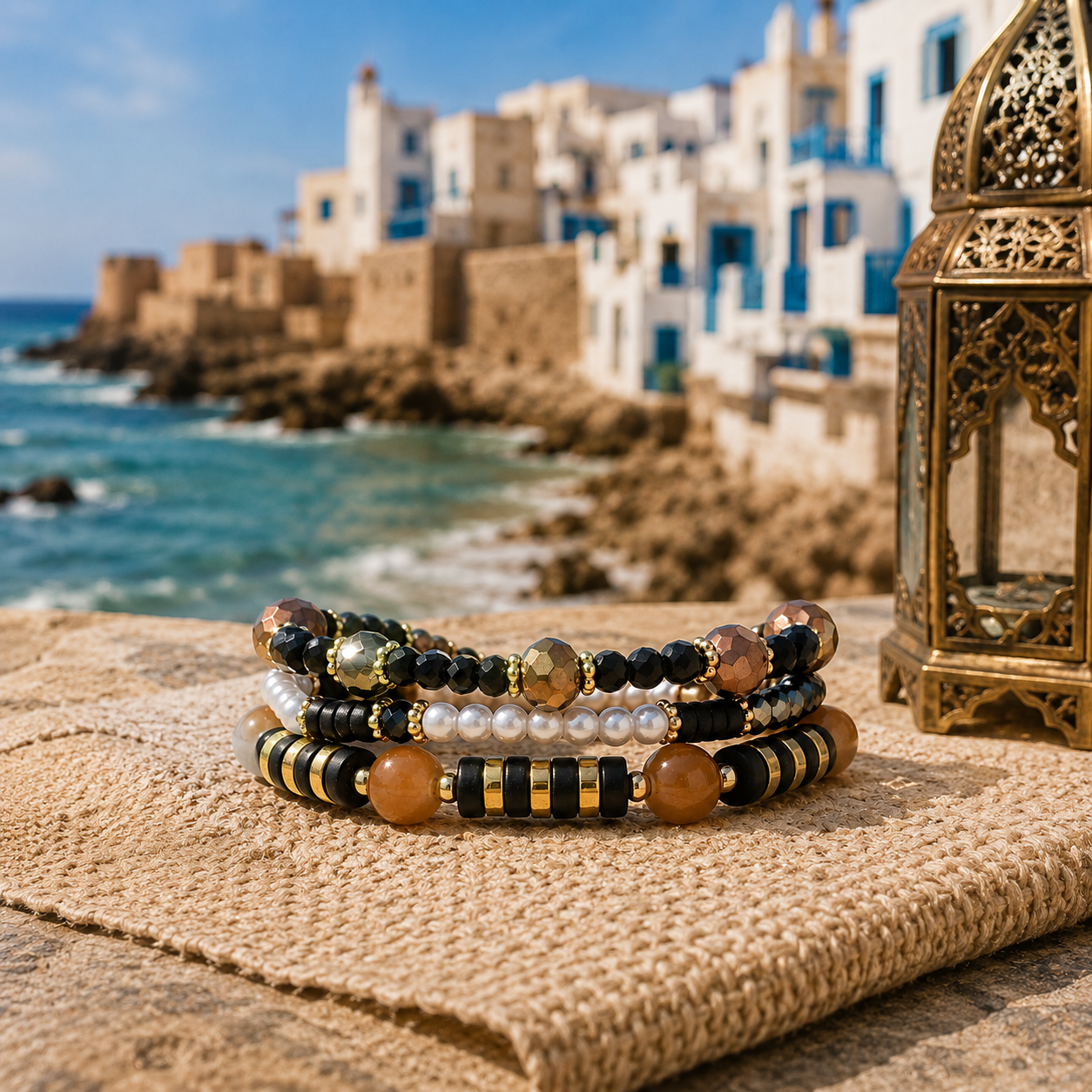 Stretch Beaded Bracelet Stack with Brown & Gold Charm - Gallery 6