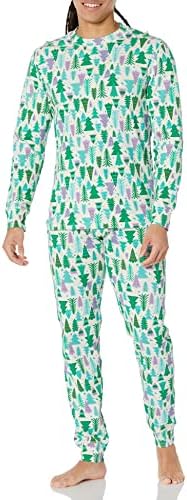 Amazon Essentials Men's Knit Pajama Set, Ecru Festive Tree, Large