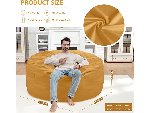 SIMFLAG 5ft Bean Bag Chair Mustard Color - Gallery 3