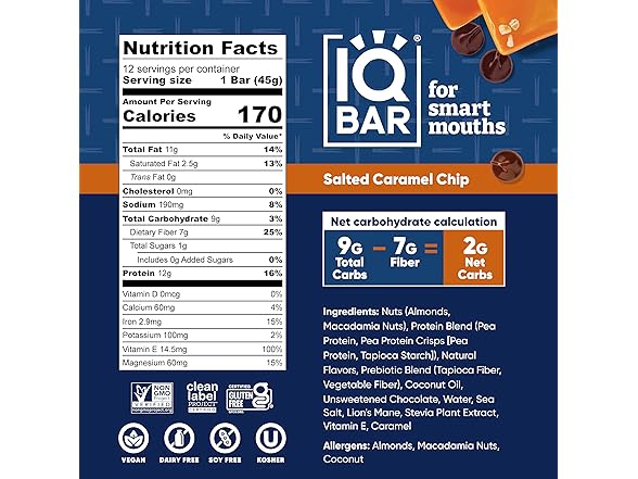 24CT IQBAR Clean Plant Protein Bars- Salted Caramel