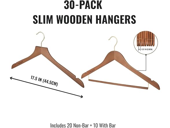 Sukkiri Non-Slip Wooden Suit Hangers with Locking Bar, Set of 30