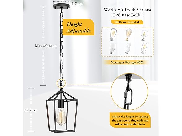 Farmhouse Black Pendant Light Hanging, 49"