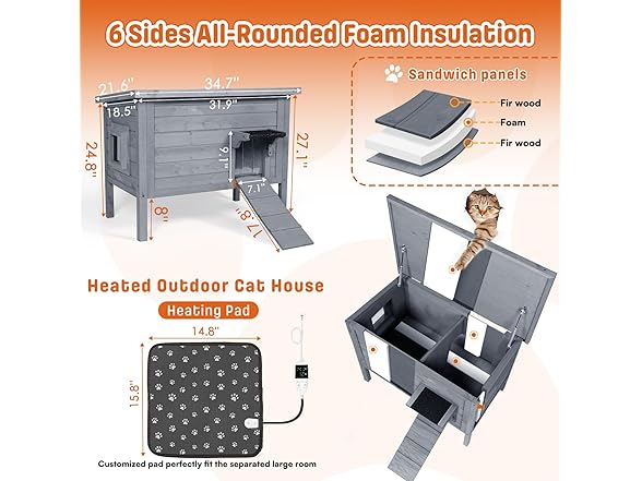 BRIOPAWS Grey Heated Outdoor Cat House- Grey