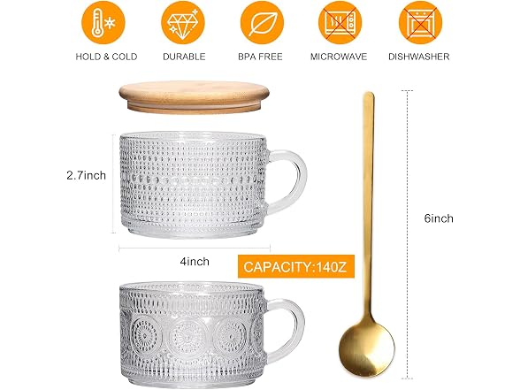 Xigugo 14oz Vintage Glass Coffee Mugs