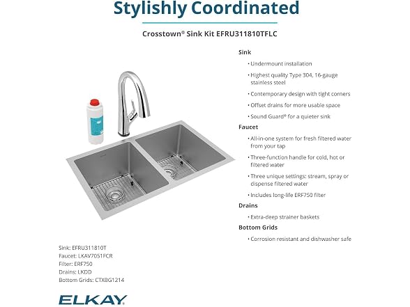 Elkay Crosstown 16 G SS 30" Sink Kit w Filter Faucet