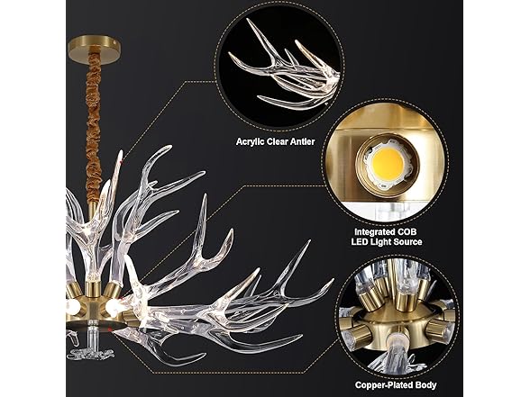 RinkBik Acrylic Antler Chandelier Ceiling Light Fixtures, Deer Antler Chandelier Lighting, Resin Antlers Pendant Light for Dining Room, Living Room, Bedroom, Kitchen, Cabin, Farmhouse 41.3" 12 Lights (Open Box)