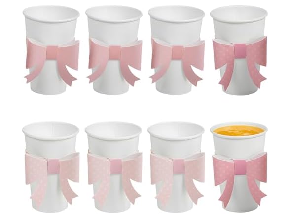 Fun Express White Disposable Paper Cups with Pink Bow