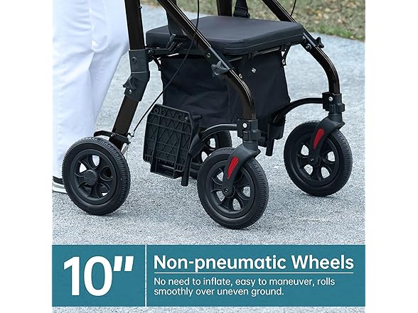 ELENKER All Terrain Rollator Walker Transport Wheelchair Combo, 2 in 1 Rolling Walker with Padded Seat and Wide Backrest, Black (Open Box)