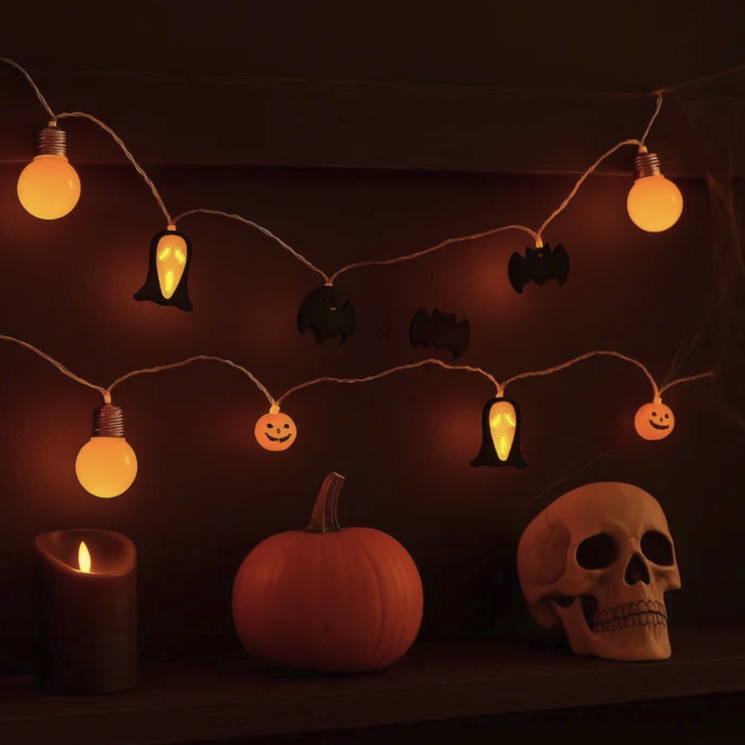 7 Ft Halloween String Lights – Battery Operated with Pumpkins, Bats, & Ghost Face - Gallery 3