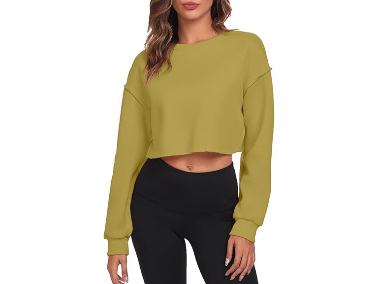 FKEEP Cropped Sweatshirts for Women Long Sleeves Crewneck Pullover Crop Tops Oversized Fit