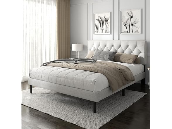 Platform Bed Frame, Tufted Headboard