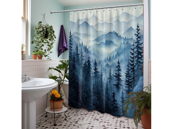 Navy Blue Forest Shower Curt Dark Mountain
