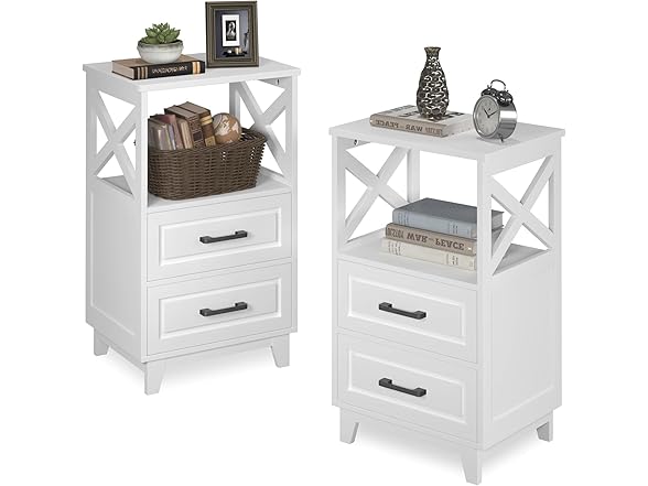 RoyalCraft 30" Tall Nightstand, Modern Painted Bedside Table with 2 Drawers and Open Shelf, Wood Side Table for Bedroom, Home Office, White-Open Shelf Above, Set of 2 (Open Box)