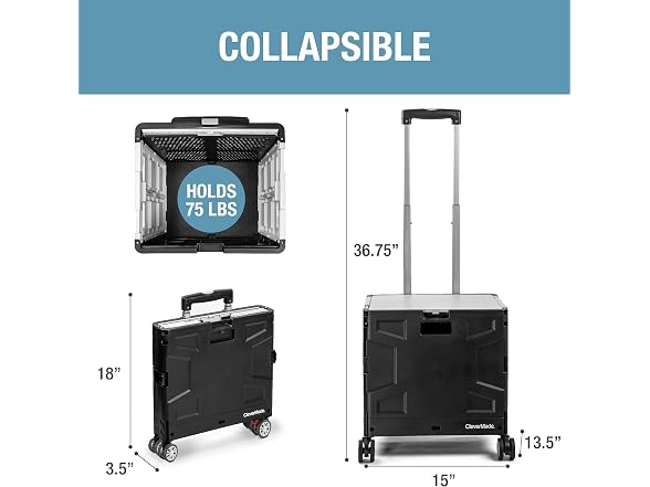CleverMade Collapsible Wheeled Crate, 35L Capacity, 4 Wheels