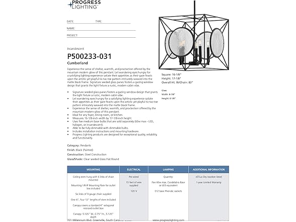 Cumberland 5-Light Pendant, Black