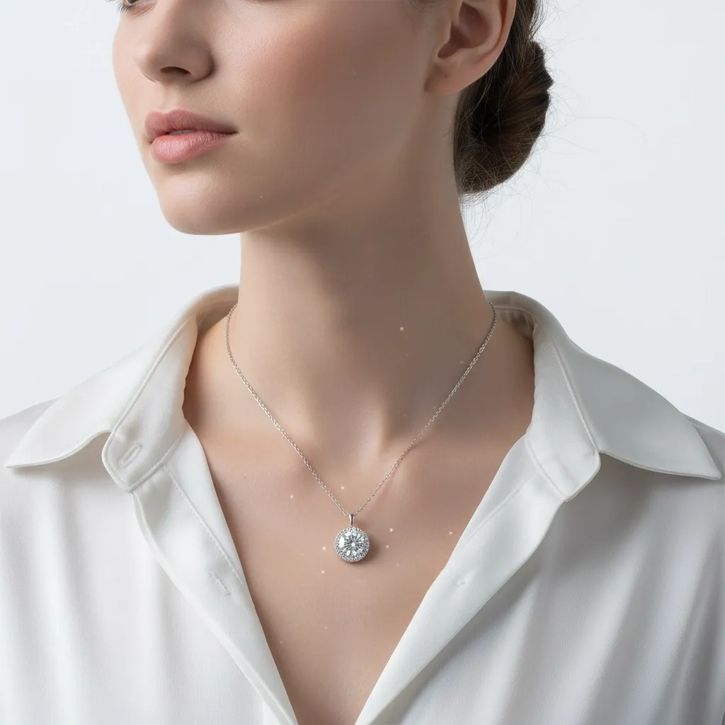 Moissanite Diamond Round Halo Necklace - Gallery 6