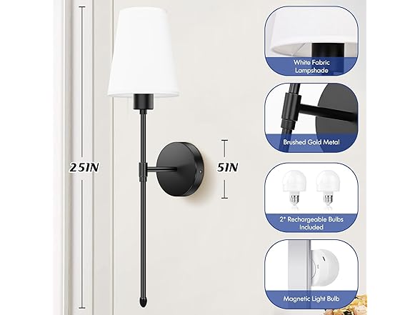 VerRon Battery Operated Wall Sconces Set of 2, Black