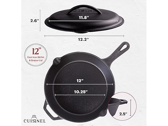 cuisinel C12612-CL Cast Iron Skillet with Lid - 12-inch