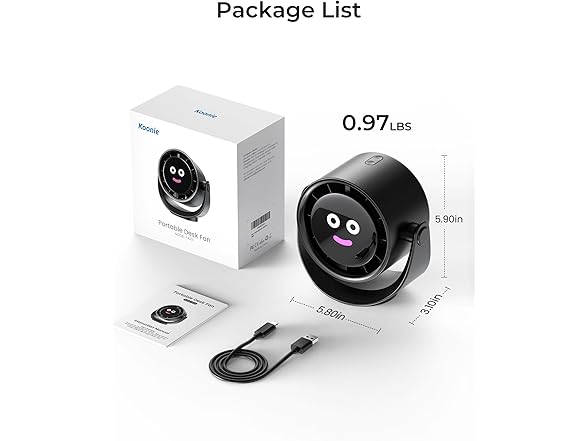 Koonie Koonie Desk Fan, LED Display Mini Table Fan, Rechar