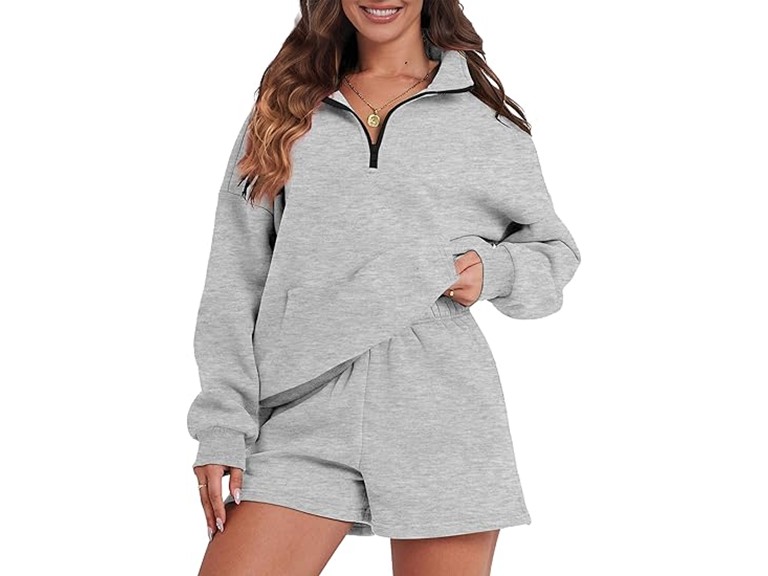 FKEEP Womens Sweatsuits 2 Piece Outfits Half Zip Sweatshirt Sweat Shorts with Pockets Lounge Sets(Light Grey,Large)
