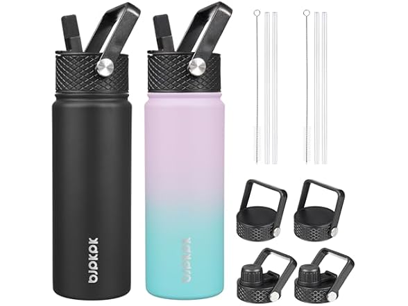 BJPKPK 2 Pack Insulated Water Bottles with Straw Lids, 22oz