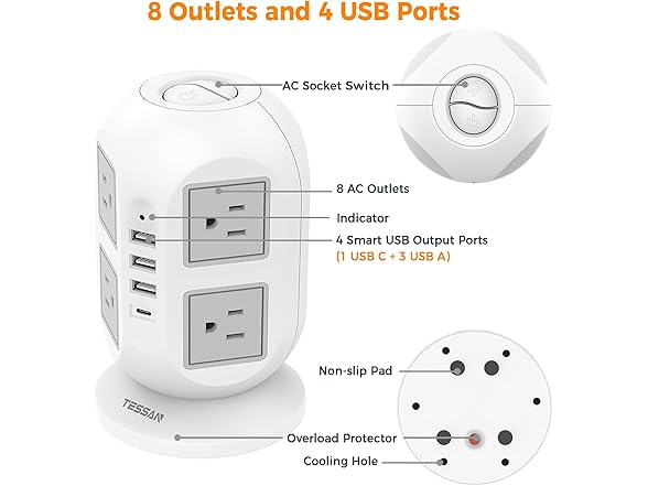 TESSAN 15ft Cord Power Tower (8 Outlets, 1 USB-C, 3 USB-A)