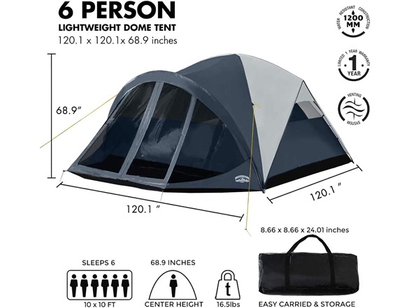 Pacific Pass 6 Person Dome Tent w/ Removable Rain Fly