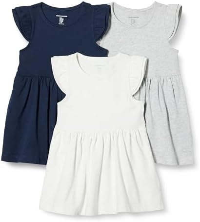 Amazon Essentials Girls' Ruffle Jersey Dress, Pack of 3, Light Grey Heather/Navy/White, Small