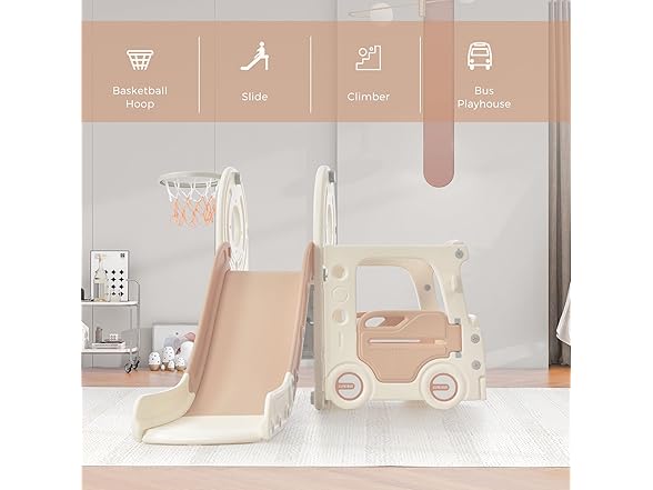 SPOFLYINN Toddler Slide Swing Set with Bus Beige