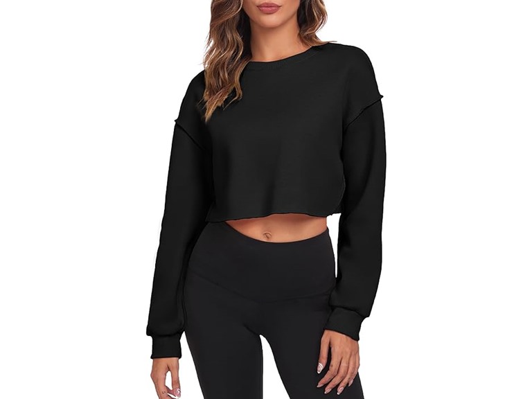 FKEEP Cropped Sweatshirts for Women Long Sleeves Crewneck Pullover Crop Tops Oversized Fit Black