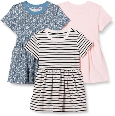 Amazon Essentials Girls' Short Sleeve Jersey Dress, Pack of 3, Pale Pink/French Stripe/Floral, Medium
