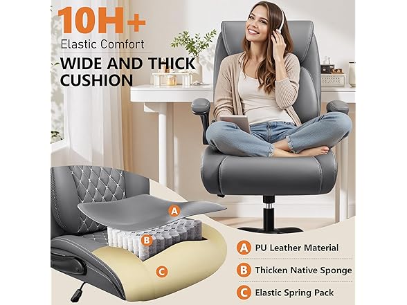 BESTFAIR Office Chair, Executive Computer Desk Chair with Lumbar Support for Lower Back Pain Relief, Ergonomic Leather Home Chair Comfy with Padded Flip-up Arms and Adjustable Armrests, Gray (Open Box)