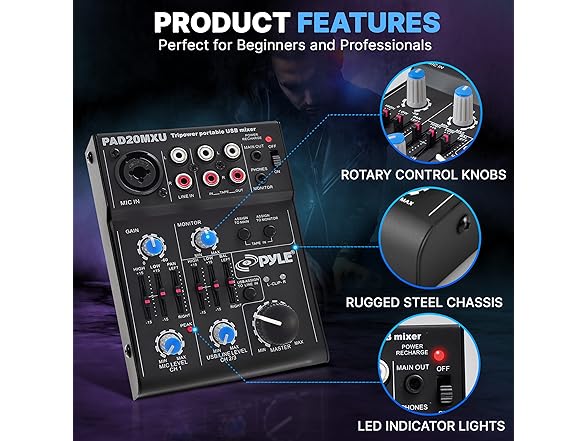 Pyle 5-Channel Rechargeable Mini Portable Audio Mixer