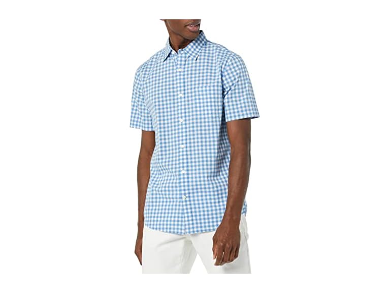 Amazon Essentials Men's Slim-Fit Short-Sleeve Poplin Shirt, Light Blue White Gingham, XX-Large