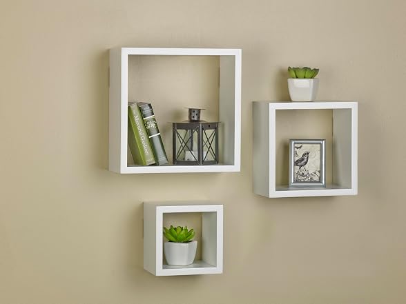 MELANNCO Floating Square Cube Shelves, Set of 3, White