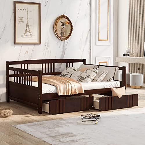 SPOFLYINN Full Size Daybed with Safety Guardrails, 2 Drawers, Wood Slat Support Platform Bed for Dorm, Bedroom, Guest Room, Living Room No Box Spring Needed Sofa Day Bed Frame Espresso As Shown