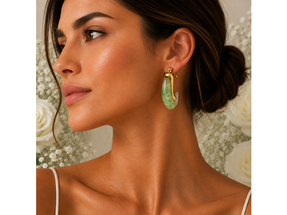 18K Gold Green Resin Hoop Earrings