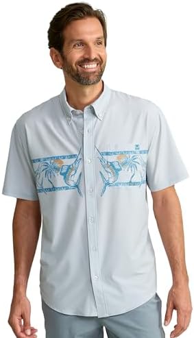 HUK Men's Standard Short Sleeve Fishing Button Down Shirt, Kona Graphic-Harbor Mist