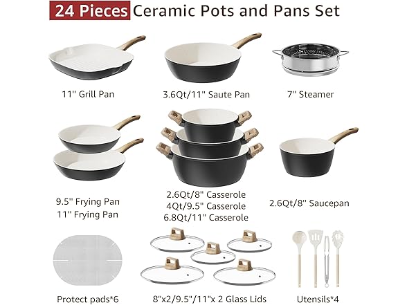 bazova 24Pcs Ceramic Cookware Set Black/White