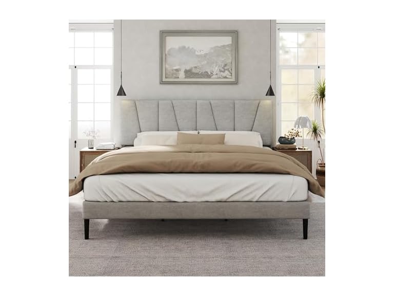 Bed Frame, Fabric Upholstered Headboard