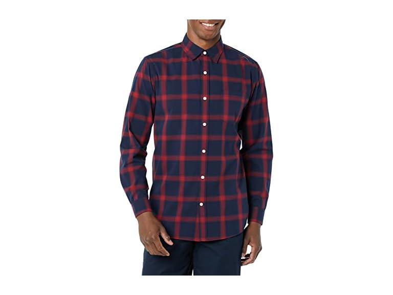 Amazon Essentials Men's Long-Sleeve Slim-Fit Stretch Poplin Shirt, Navy Red Buffalo Plaid, Small