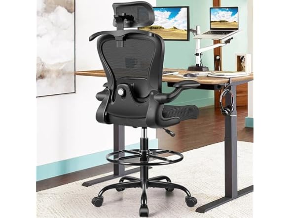 Drafting Chair, Tall Office Chair with 3D Lumbar & Head Support, Ergonomic Mesh Standing Desk Chair with Footring, Comfy Extended High Desk Chair with Flip-Up Arms & Hanger,Black (Open Box)