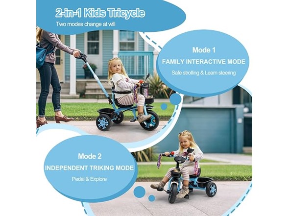 Kids Tricycle w/ Push Bar Storage Basket- Choose Color