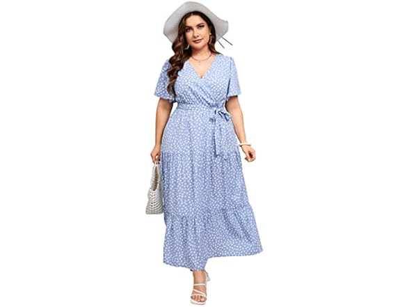 KOJOOIN Womens Wrap Maxi Dress Blue Dot (2XL)