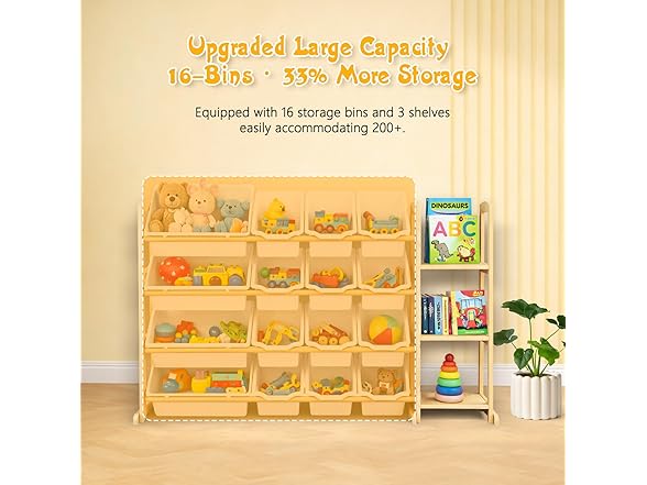 Etitlly Kids Toy Storage Organizer with Bookshelf – Wooden Shelf with 16 Bins & 3 Shelves, Quick Assembly Storage Rack for Playroom, Bedroom, Nursery - White (Open Box)