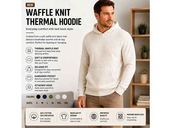 3Pk Mens Waffle Thermal Pullover Hoodie