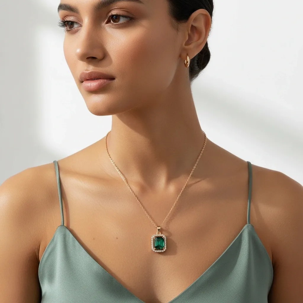 Green Crystal CZ Halo Necklace - Gallery 6