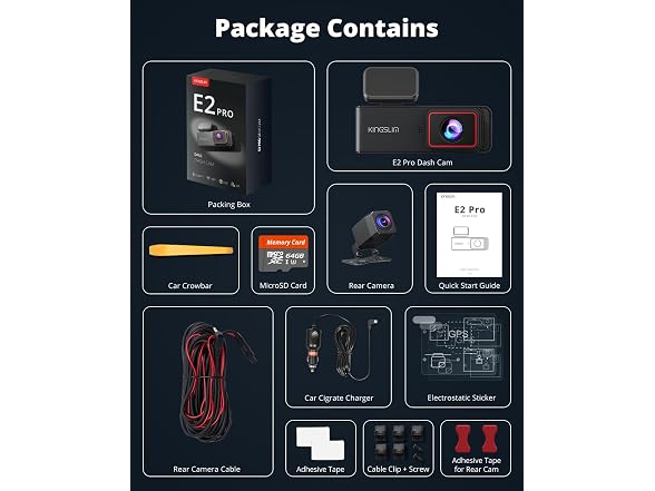 2K Dash Cam Front and Rear with 64GB SD Card