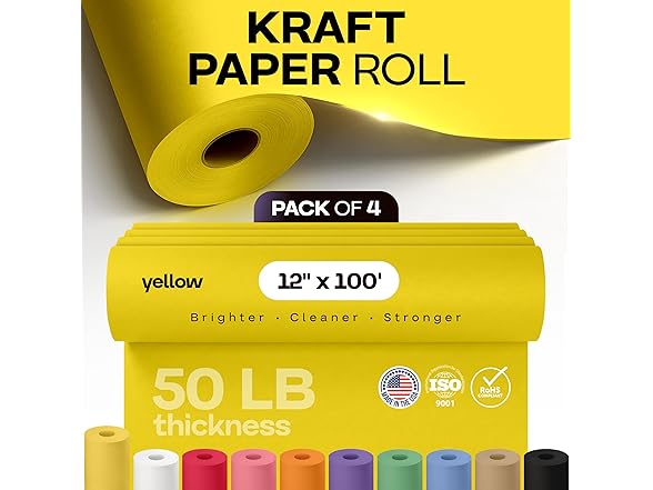 12" x 1200" (100 feet) Yellow Kraft Paper Roll, Pack of 4