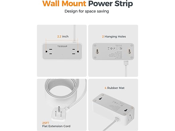 TESSAN 25ft Cord Power Strip (4 Outlets, 1 USB-C, 2 USB-A)